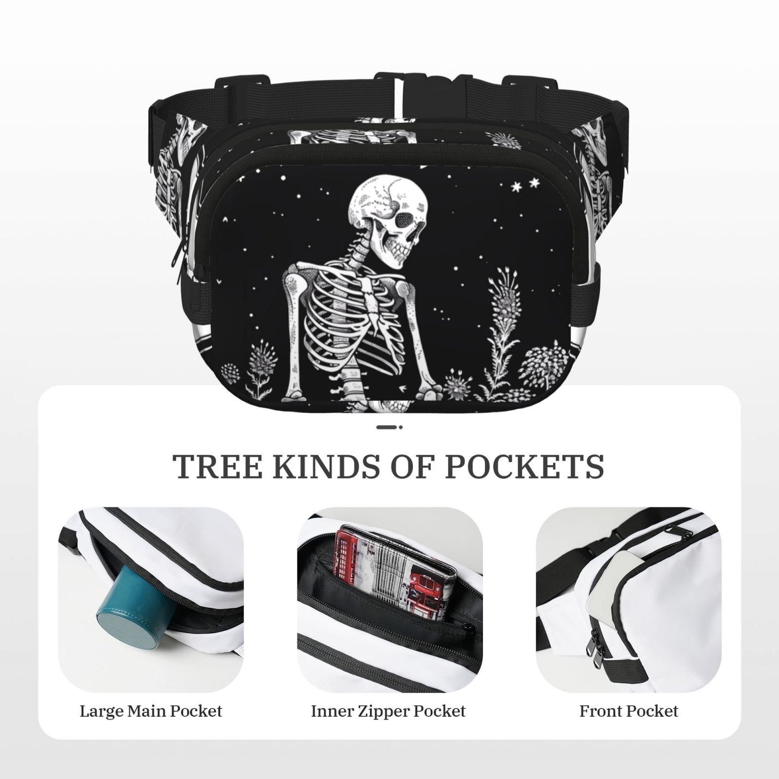 Kuqiui Vintage Black white Plant skull Print Fanny Packs for Women Cross Body Waist Bag Fashionable Fanny Pack Designer Workout Hiking Waist Pack Running Travel Gym