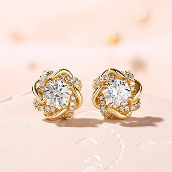 Sparkle Jewels Flower Push Back Stud Earrings For Women 14K Yellow Gold Plated White Diamond