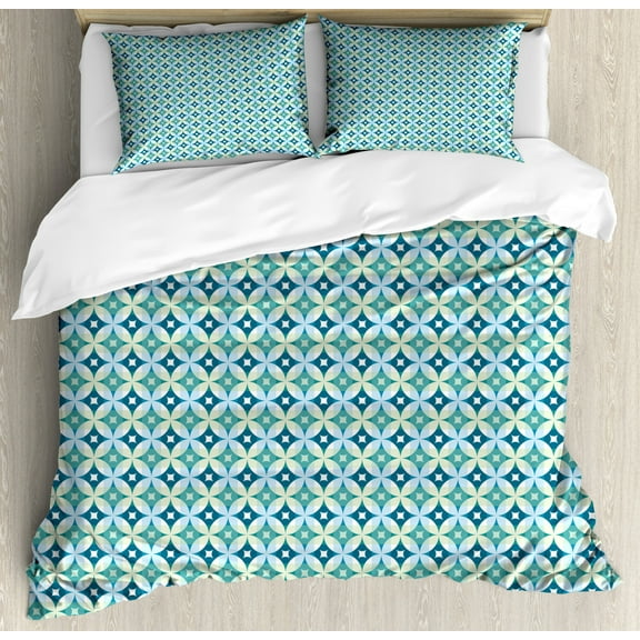 Mid Century King Size Duvet Cover Set, Vintage Diamond Pattern with Argyle Backdrop Geometrical Lattice of Circles, Decorative 3 Piece Bedding Set with 2 Pillow Shams, Turquoise Teal, by Ambesonne