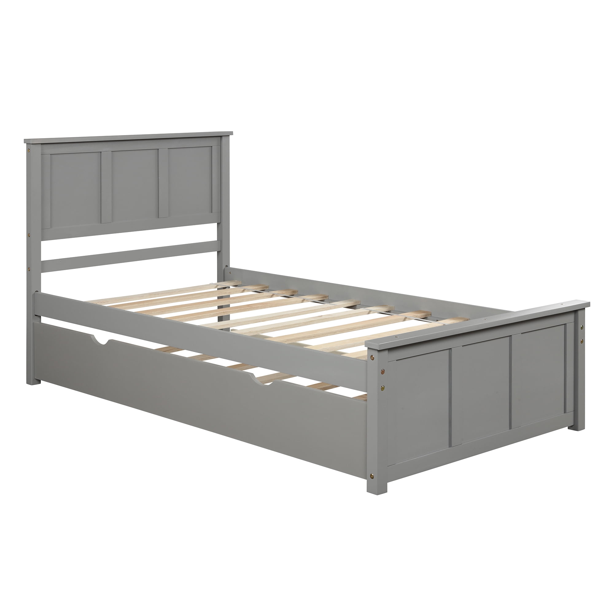 Euroco Modern Wood Twin Platform Bed with Headboard & Trundle for Kids Teens, Grey