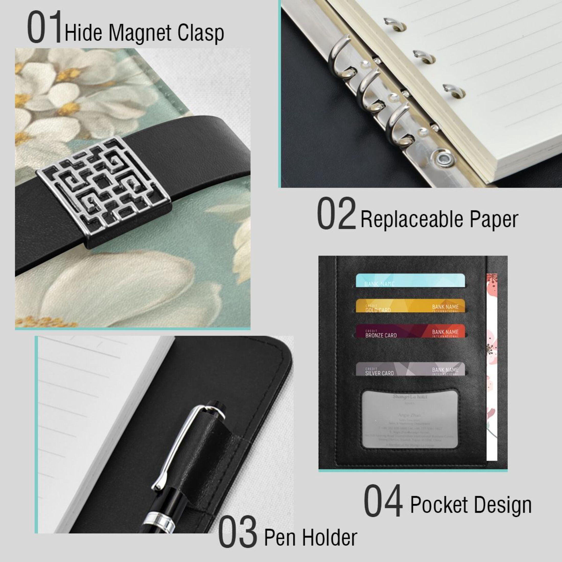 9.2x6.7 inch Leather Notebook 100 Sheets, Multi-Pocket Design & Pen Loop Vintage Floral Pattern Refillable Journal Organizer