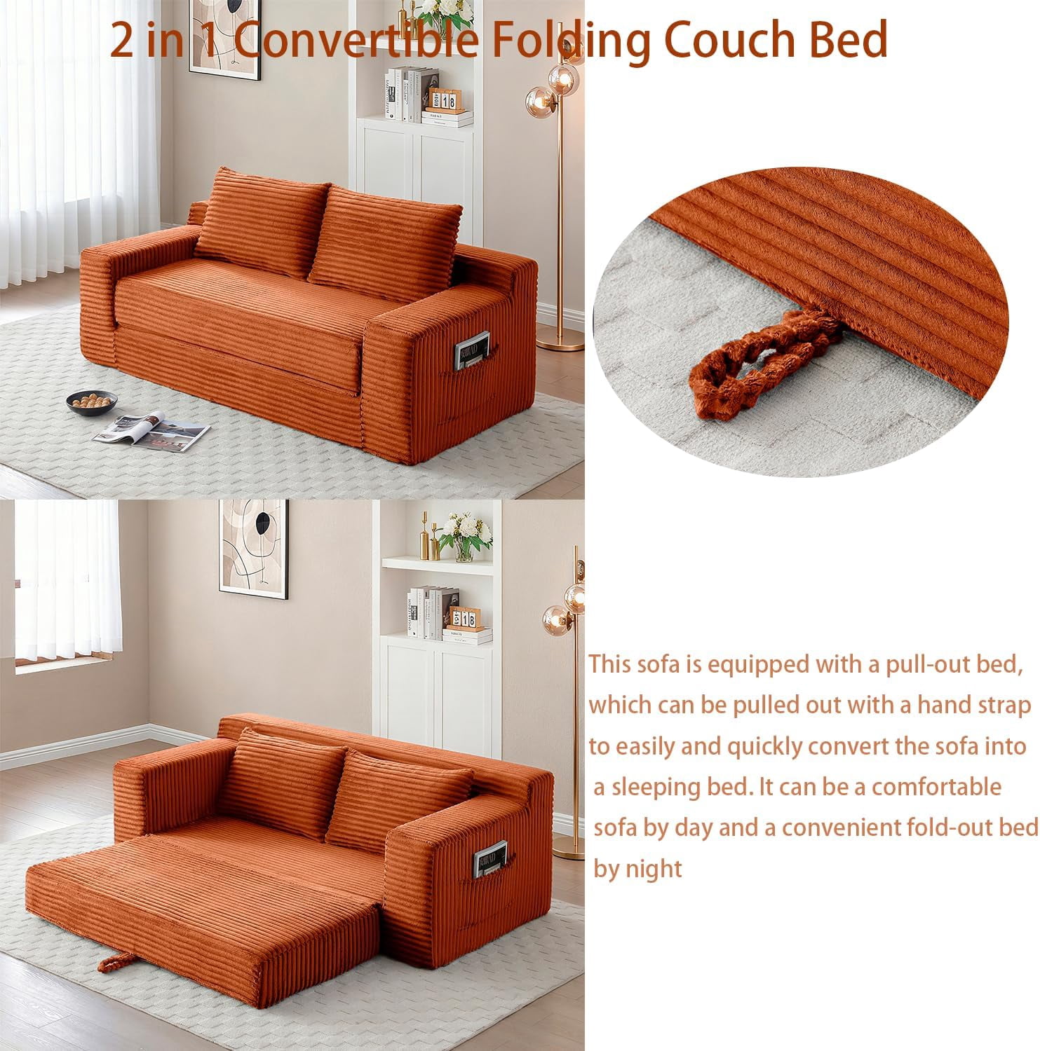 73" 2-in-1 Convertible Sofa Bed, Memory Foam Corduroy Loveseat, No Assembly, Orange