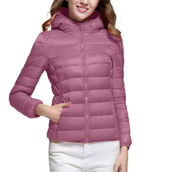 Antqov Puffer Jacket Womens, Solid Color Zipper Quilted Hooded Down Jackets with Pockets, Winter Daily Soft Comfortable Lightweight Outerwear