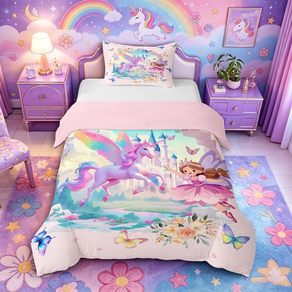 Metsweet Magical Horse Elf Twin Duvet Cover, Princess Castle Butterfly Flowers Twin Bedding,Pink Reversible,2pcs,1 Duvet Cover and 1 Pillowcase