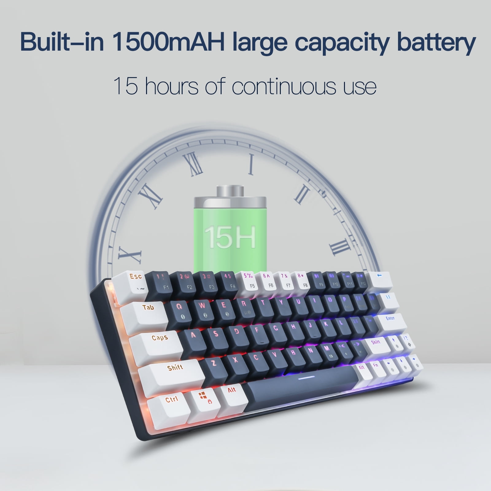 CQ63 Wireless Bluetooth 5.0 Mechanical Keyboard, Blue Switches, RGB Backlit, Compact 63 Keys, USB Type-C Wired, for Laptop, Mac, Smartphone, Tablet