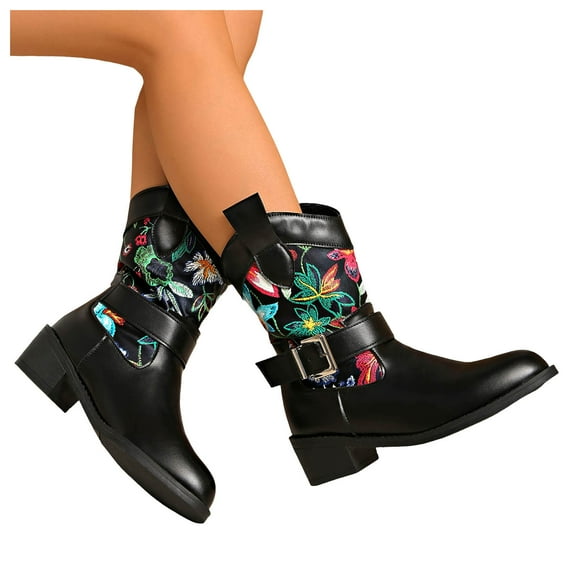 Rokment Winter Fall Flower Wide Calf Cowboy Boots for Women 2025 Black Leather Vintage Floral Buckles Mid Calf Cowgirl Booties