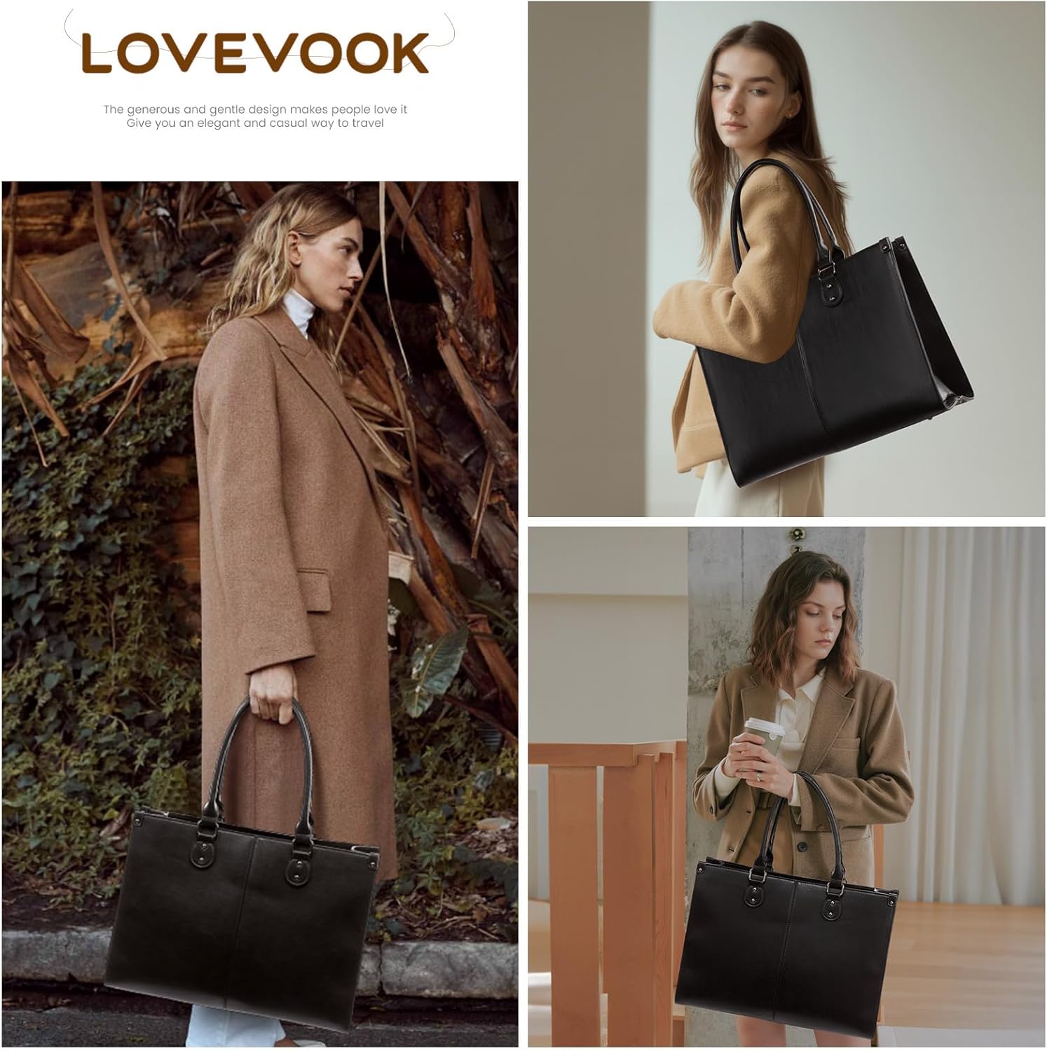 LOVEVOOK Laptop Tote Bag for Women, 15.6 Inch Large Capacity Vintage Leather Work Computer Bag, Business Casual Shoulder Handbag, Dark Brown