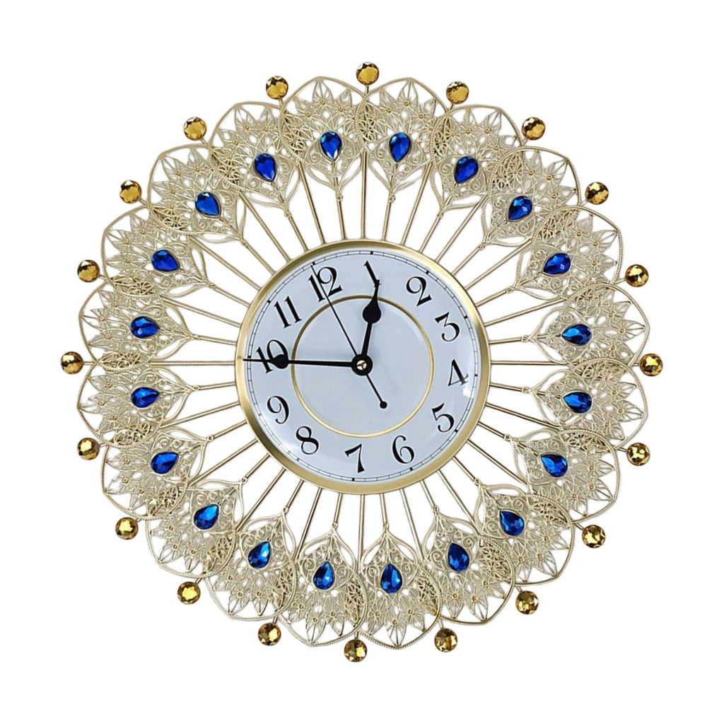 Large Crystal Peacocks Wall Clock Silents None Ticking Battery Operated Modern Decorative for Living Room