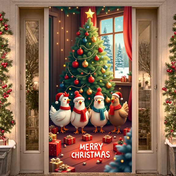 Festive Horse Christmas Banner Santa Hats Cartoon Design Winter Theme for Holiday Party Kids Room Decoration