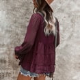 thumbnail image 2 of Blusa de mujer con cuello en V, manga farol, dobladillo con volantes sueltos, blusa tipo túnica informal para otoño, primavera, rojo vino XL, 2 of 8