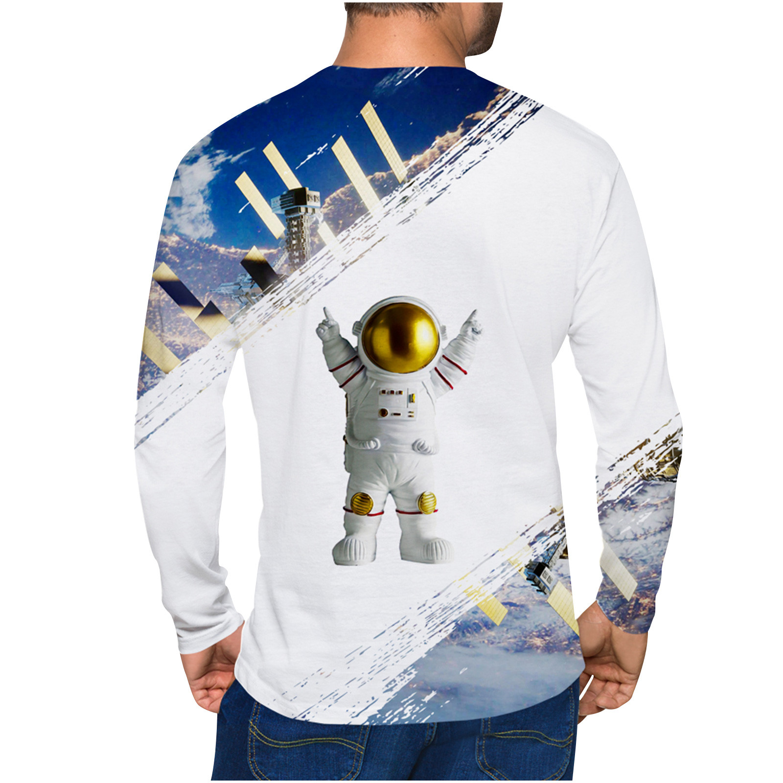 cllios Long Sleeve Shirts for Men 3D Space Graphic Top Casual Crew