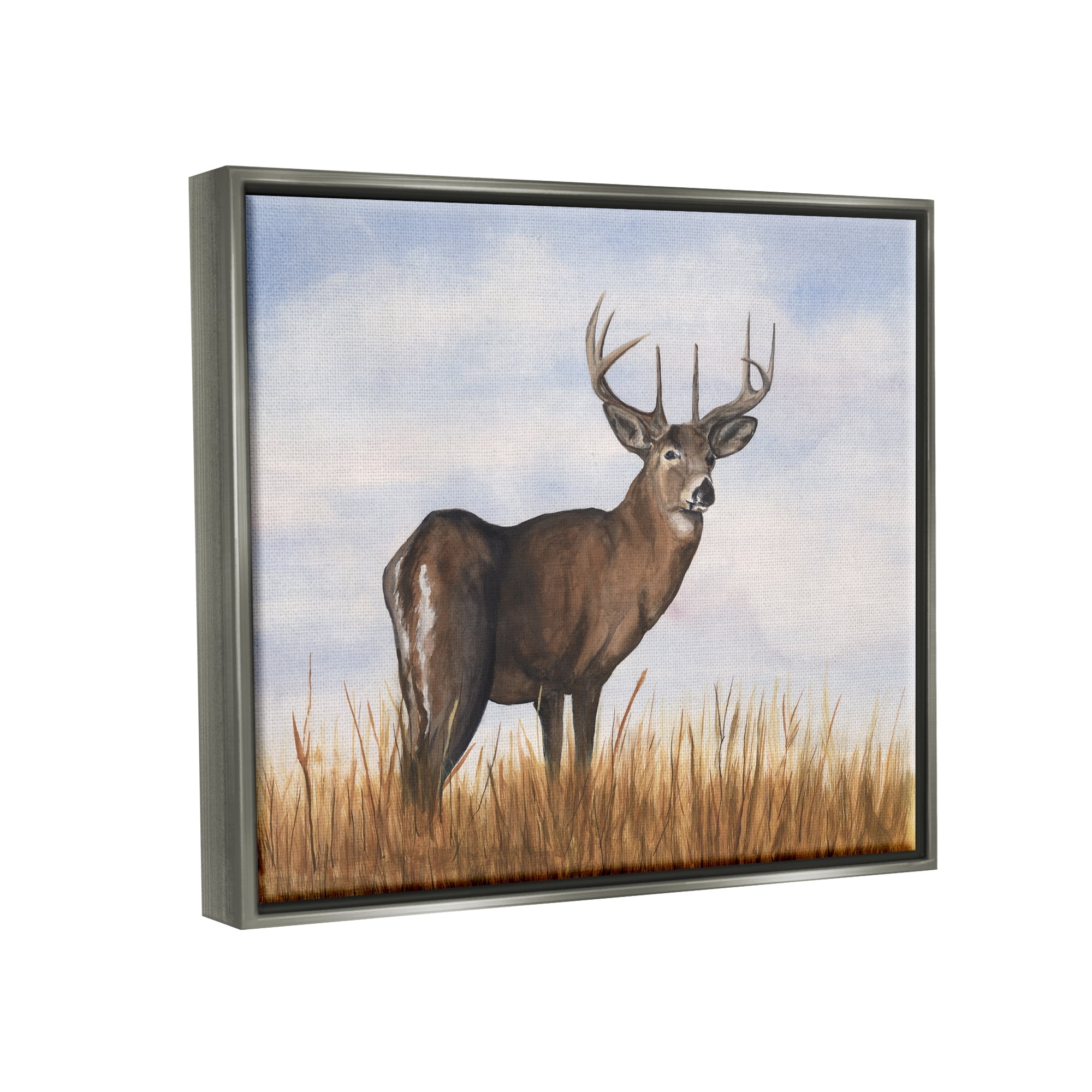 Stupell Industries Deer in Cloudy Landscape Animals & Insects Painting Gray Floater Framed Canvas Art Print Wall Art, 21 x 17