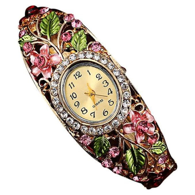  prettDliJUN Rhinestone Flower Bracelet Wrist Watch for