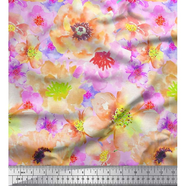 Soimoi Poly Georgette Fabric Flower Watercolor Printed Fabric 1 Yard 52 Inch Wide