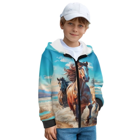 Uorisanigo Zip Up Hoodie Zipper Jackets for Boys and Girls Fall Winter Long Sleeve Western Horse Sweatshirt Pullover Tops Lightweight Kids Hoodies Shirts Clothes