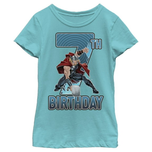 Girl's Marvel Thor Hammer 7th Birthday  Graphic Tee Tahiti Blue X Small
