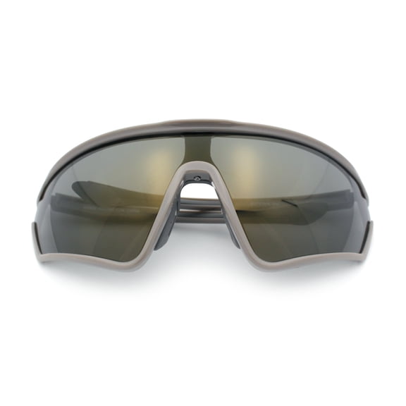 Mens Classic Oversized Shield Color Mirror Wrap Around Sport Plastic Sunglasses Grey - Gold Mirror