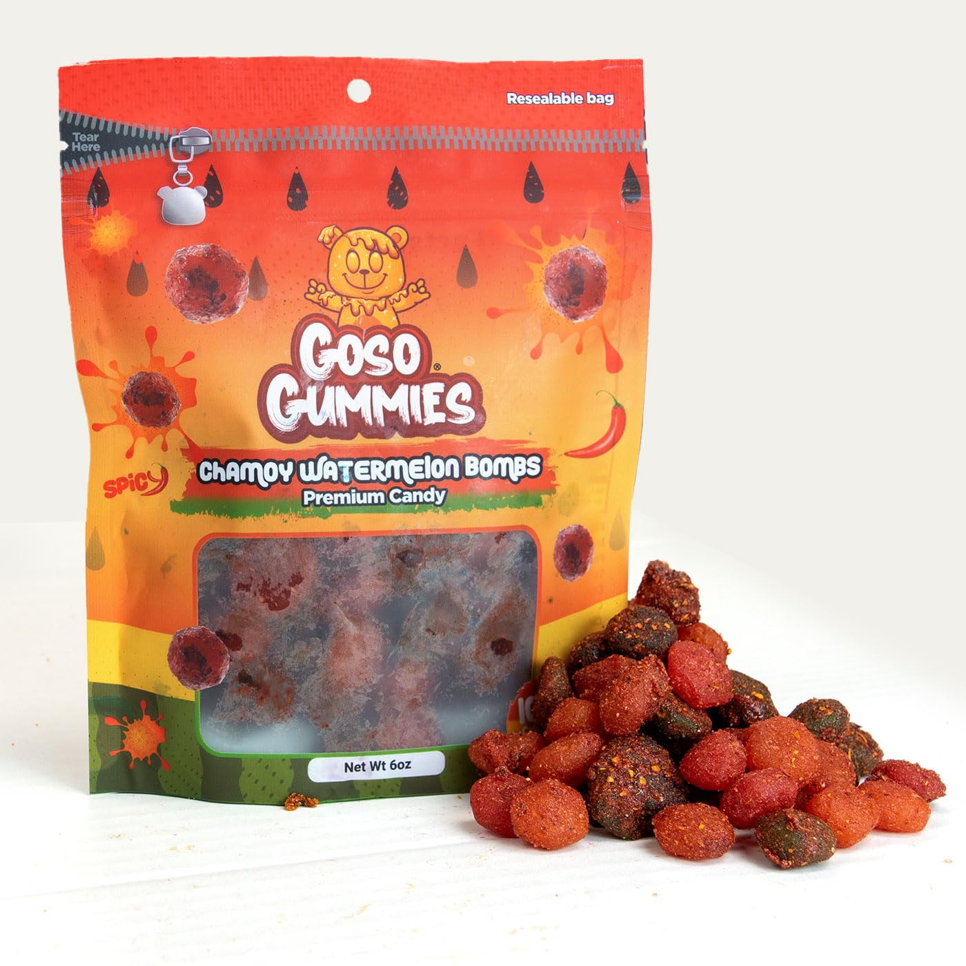 Goso Gummies Chamoy Watermelon Gusher Bombs – 6oz Bag – Spicy, Tangy & Sweet Chamoy Watermelon Filled Candy