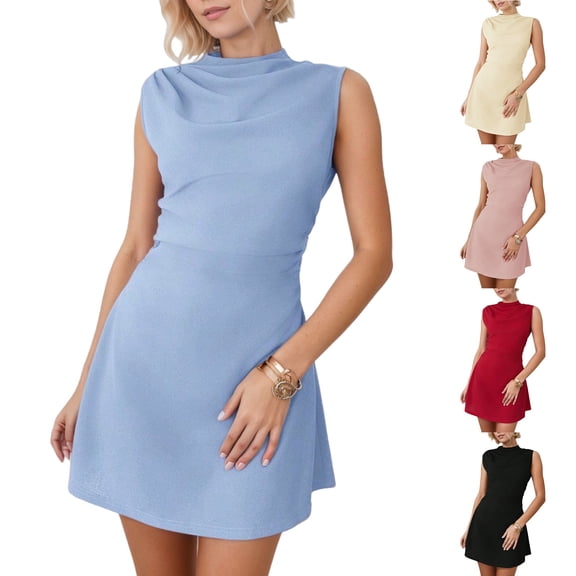Miluxas Women's Sleeveless Mock Neck Mini Dress Solid Ruched A Line Short Dresses Elegance Party Bodycon Dress Red