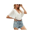 thumbnail image 3 of Seyurigaoka Women Summer Jacquard T-shirt, Casual Striped Short Sleeve V-Neck Lace Trim Pullover, 3 of 6