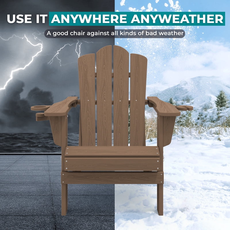 RIAFUN Outdoor Patio chair, Folding HDPE Resin Adirondack Chair with Double Cup Holder, Brown