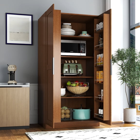 Leumius 63" Tall Kitchen Pantry Cabinet,Freestanding Buffet Cupboards Sideboard with Doors & Shelves,Kitchen Pantry Storage Cabinet for Kitchen,Living Room,Walnut