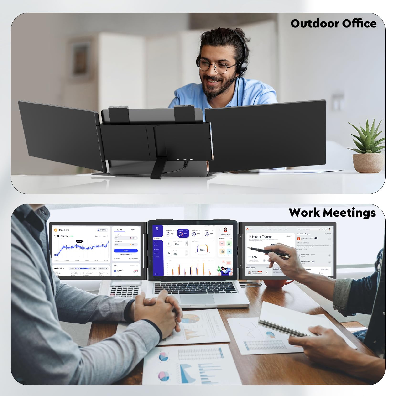 Dual Laptop Screen Extender, 14" 1080P IPS Portable Triple Monitor for 13-16.5" Laptops with USB-C Port, Plug and Play, Attachment Screen for Windows/Mac/Android/Switch/PS5/Xbox