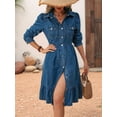 thumbnail image 4 of Women'S Flowy Denim Dress Vacation Lapel Long Puff Sleeve Button Down A Line Swing Ruffle Jean Dress, 4 of 7
