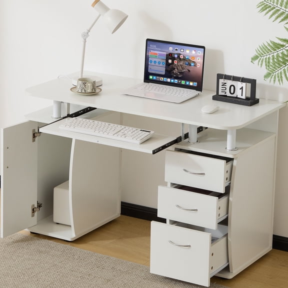 Ktaxon Wood Computer Desk with 3 Drawers, Study Workstation Office Furniture, White