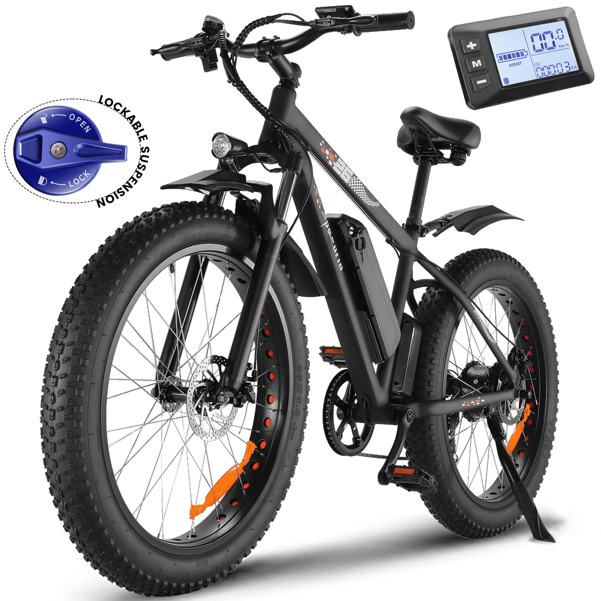 Speedrid 26″ 7 Speed Electric Mountain Bike with 26″x4″ Snow Fat Tire, 500W Brushless Motor 48V Lithium-ion Battery