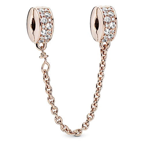 Safety chain in Rose w/56 bead-set clear CZ and silicone grip Charm 50 mm 786322CZ-05