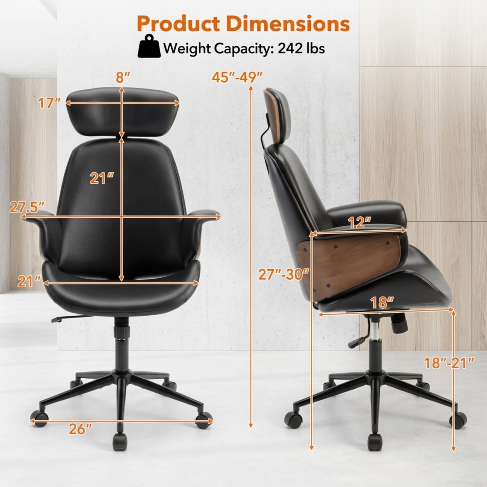 Furnibear Ergonomic Office Chair High Back Faux Leather Computer Chair with Adjustable Headrest Rocking Backrest and Curved Arms, Black
