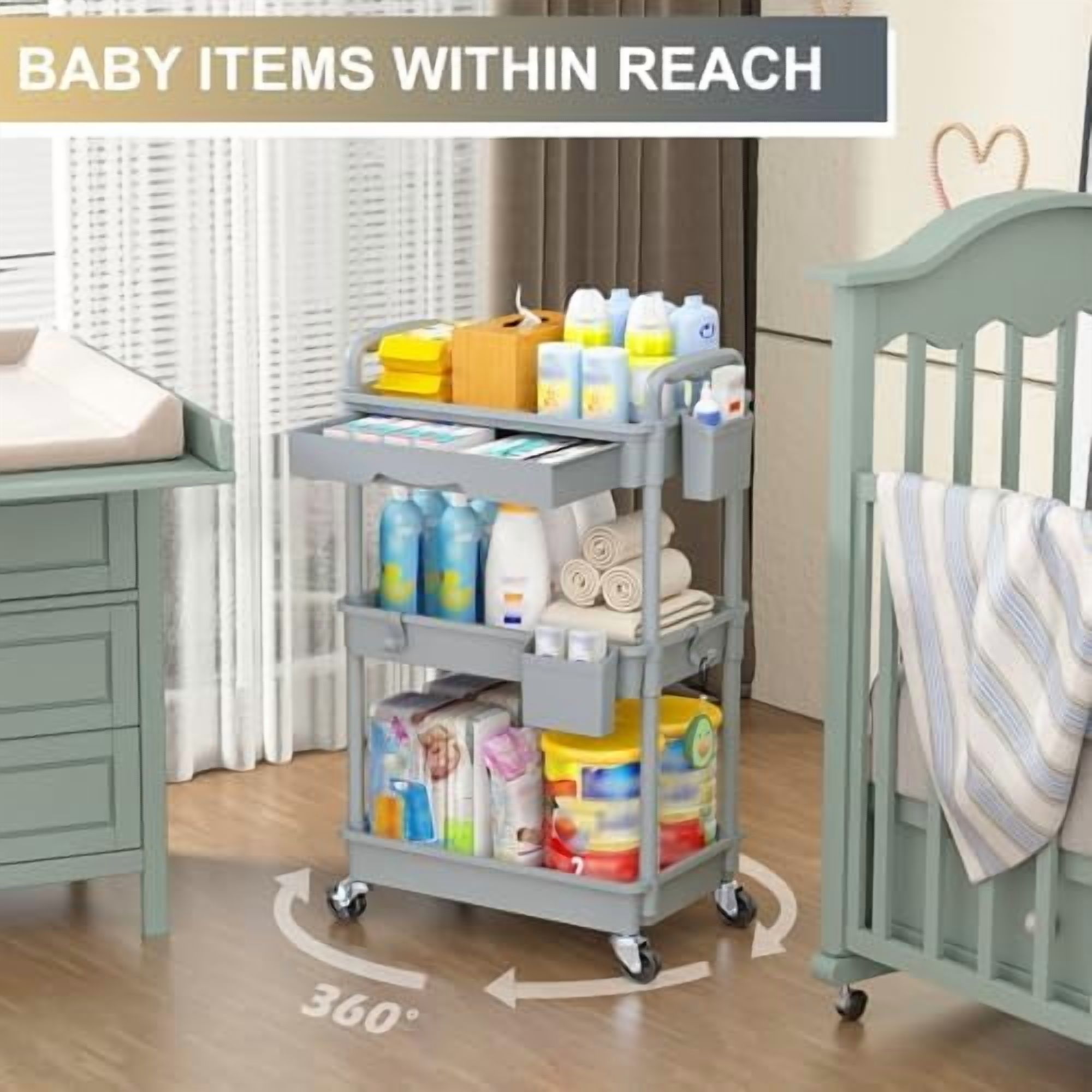 3 Tier Rolling Utility Cart Organizer with Removable Drawer, Stable and Sturdy Grey Rolling Storage Carts with 2 Lockable Wheels for Bathroom, Kitchen, Snack, Craft, Makeup, Baby Essentials