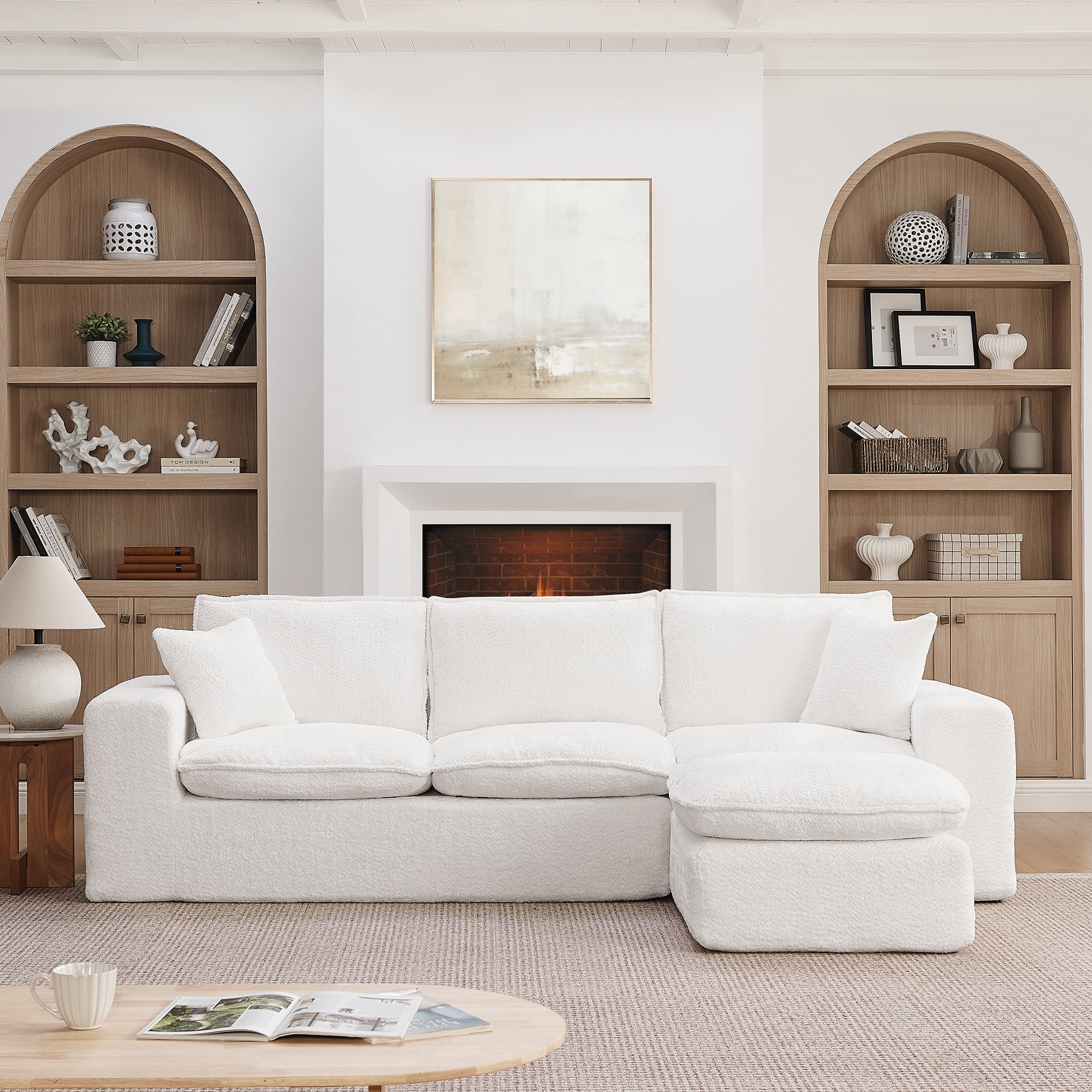 107" Boucle Sectional Sofa L Shaped Couch with Ottoman Cloud Couch 4 Seat Modular Sofa Deep Seat Living Room Furniture, Beige