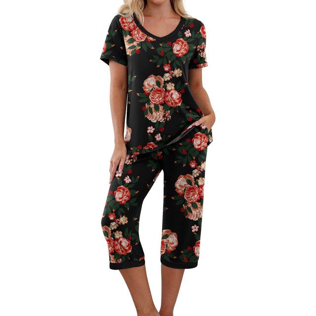 Qucoqpe - Conjuntos de pijama cómodos para mujer, con blusa de manga corta con cuello en V y pantalones anchos con estampado floral, estilo capri holgado