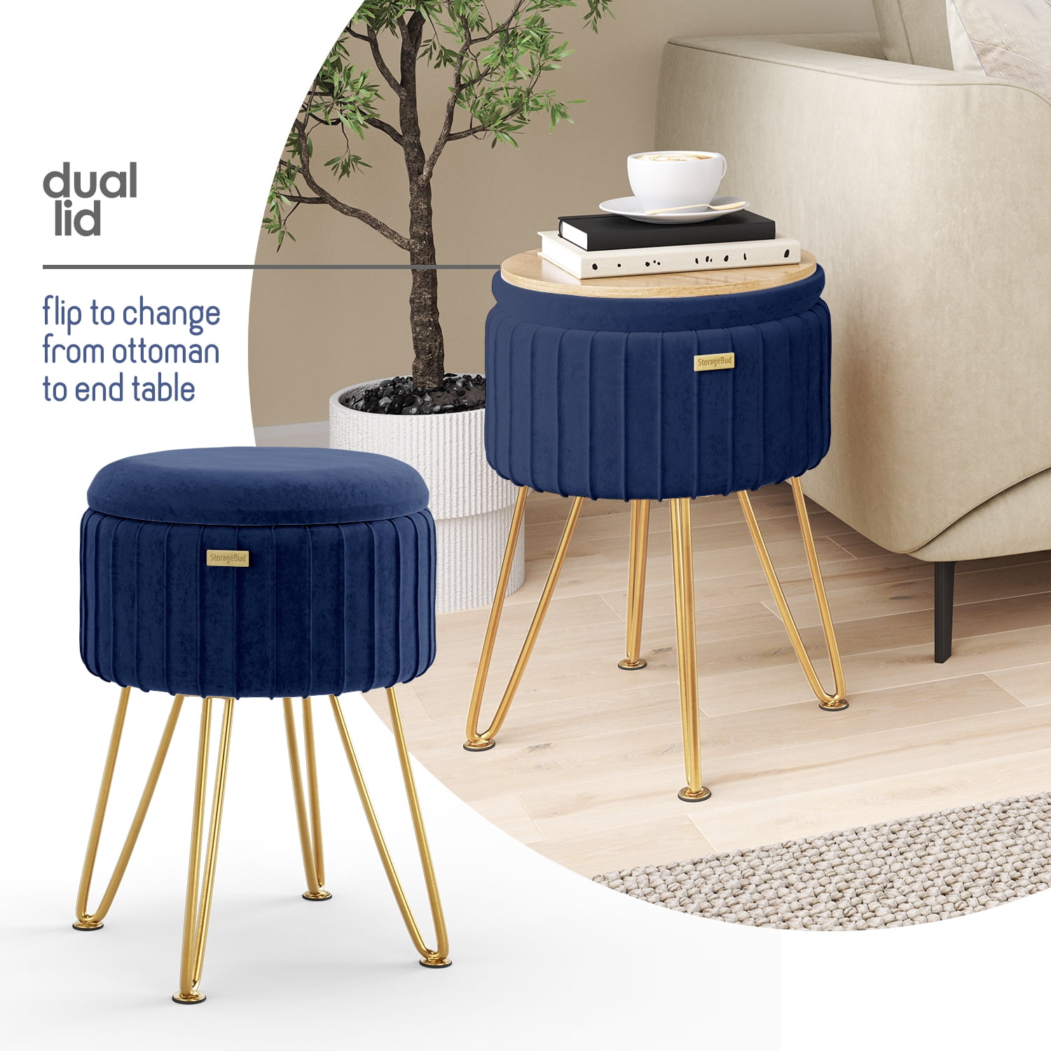 Hearth & Harbor Round Ottoman with Storage, Luxurious Foot Stool and Chic Vanity Stool with Storage, Elegant Pleated Velvet Blue
