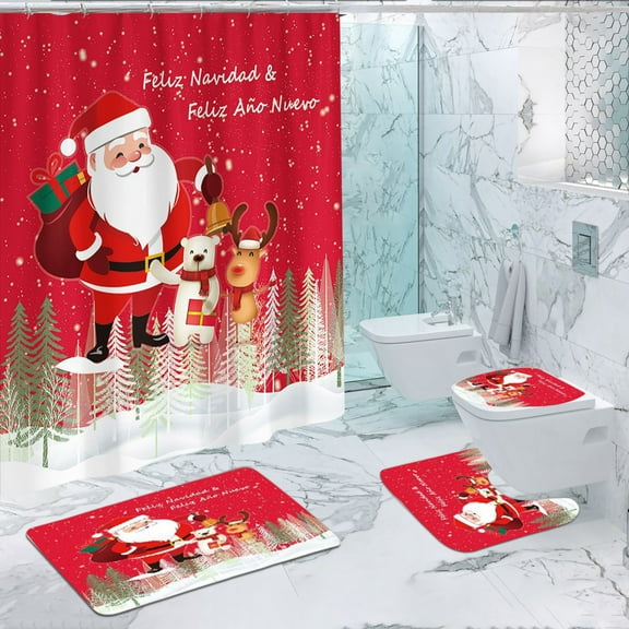 LmnLft Christmas Bathroom Decor Set, 4-Piece Shower Curtain with Snowman Plaid Tree Design, Waterproof Polyester Curtain and Absorbent Mat for Winter Home Decoration