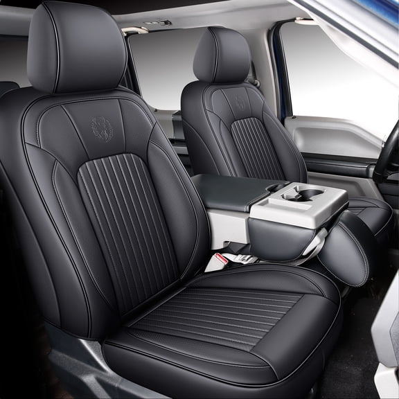 MINGBRON Front Car Seat Covers Custom Fit 2009-2026 Ford F150, 2017-2026 F250 F350 F450 Super Duty Crew Cab Regular Cab Super Cab, Automotive Vehicle Cushion with Waterproof Leather (Black)