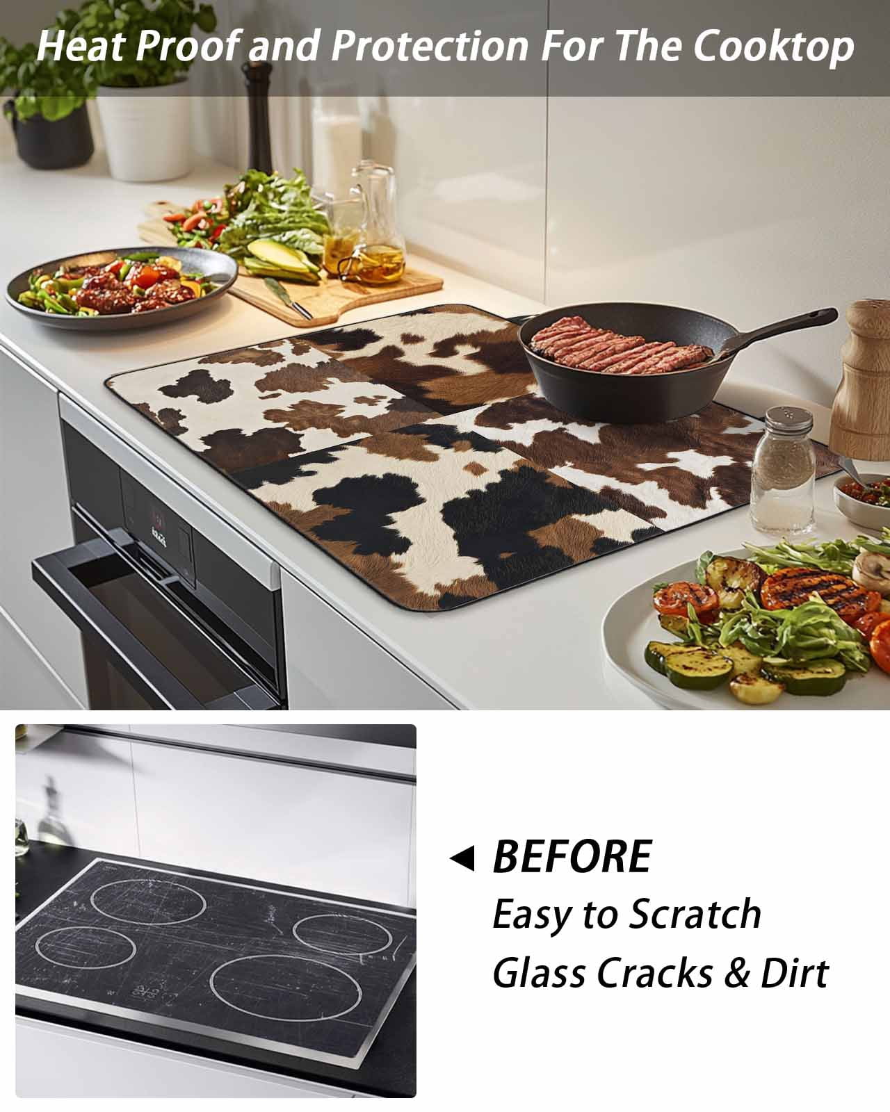 Stove Top Covers for Electric Stove, Cow Patterned Glass Stovetop Cover Protector, Vintage Farmhouse Abstract Country Western Induction Cooktop Protector Oven Mat for Kitchen Countertop 31"x24"