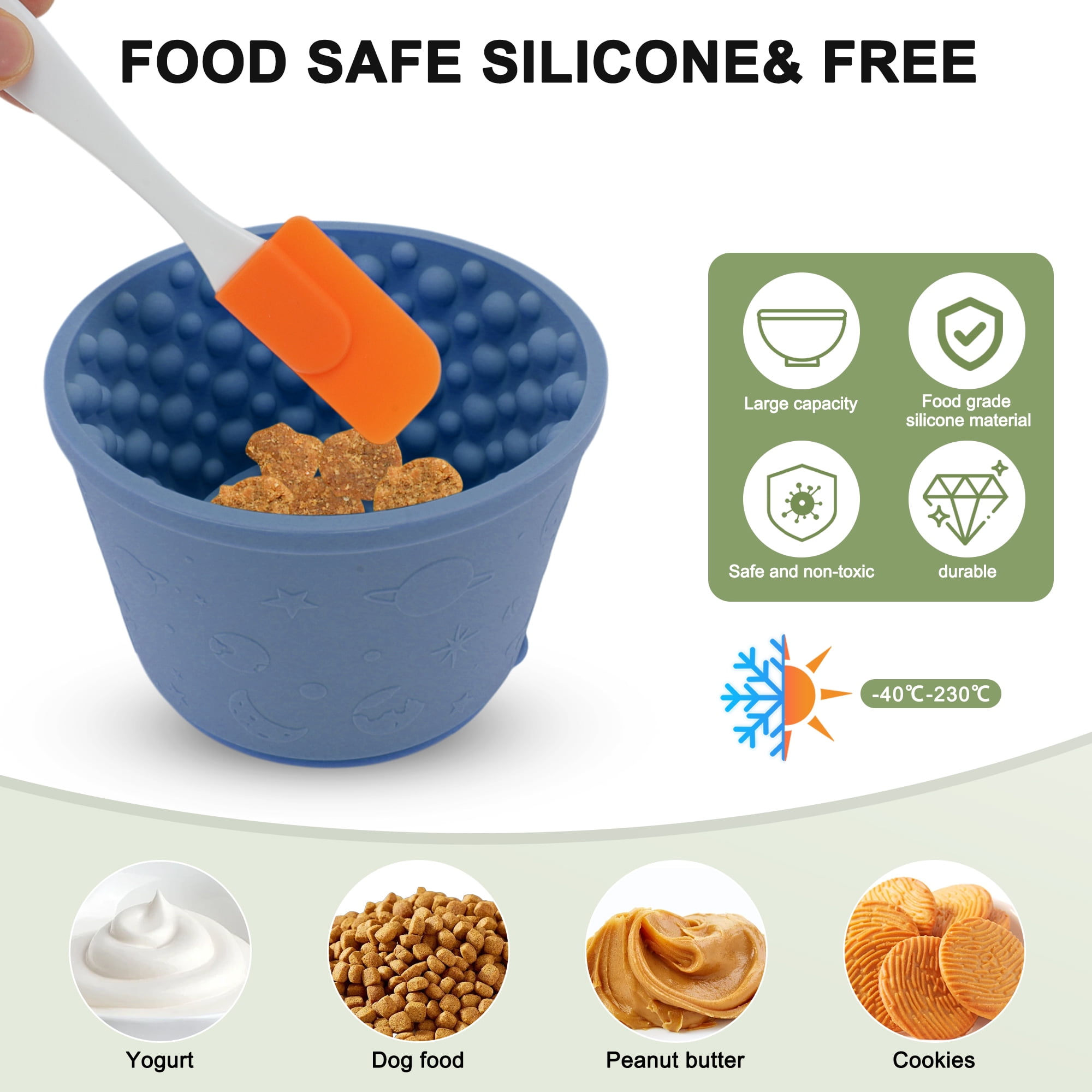 Unique Bargains Slow Feeder Dog Bowls Silicone Dog Lick Bowl with Brush & Scraper Non-Slip Base Slow Feeder for Anxiety Alleviating & Oral Health Navy Blue