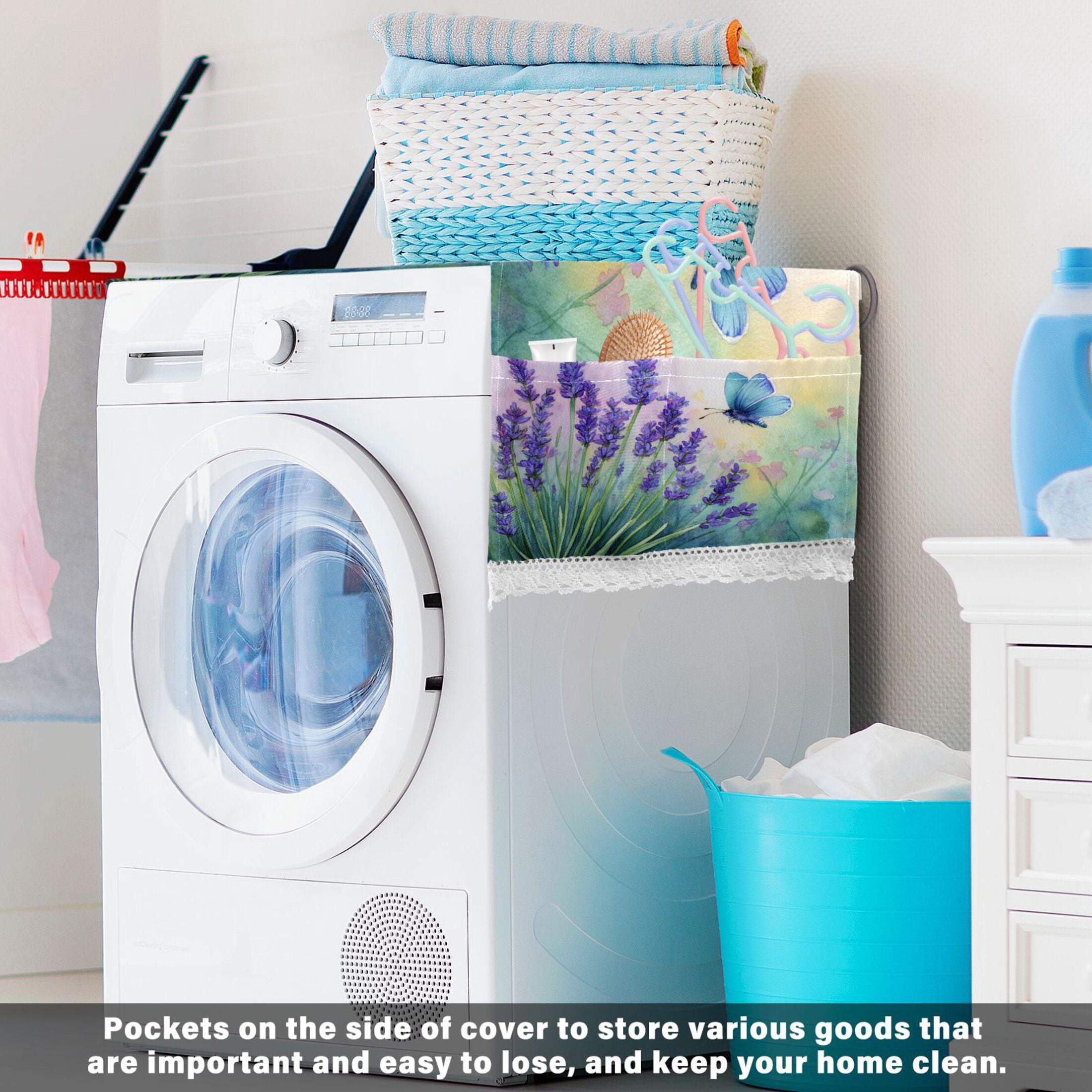 Wobogo Elegant Lavender Butterfly Washing Machine Cover Dustproof Washer Dryer Cover Waterproof Laundry Room Decorative Protector