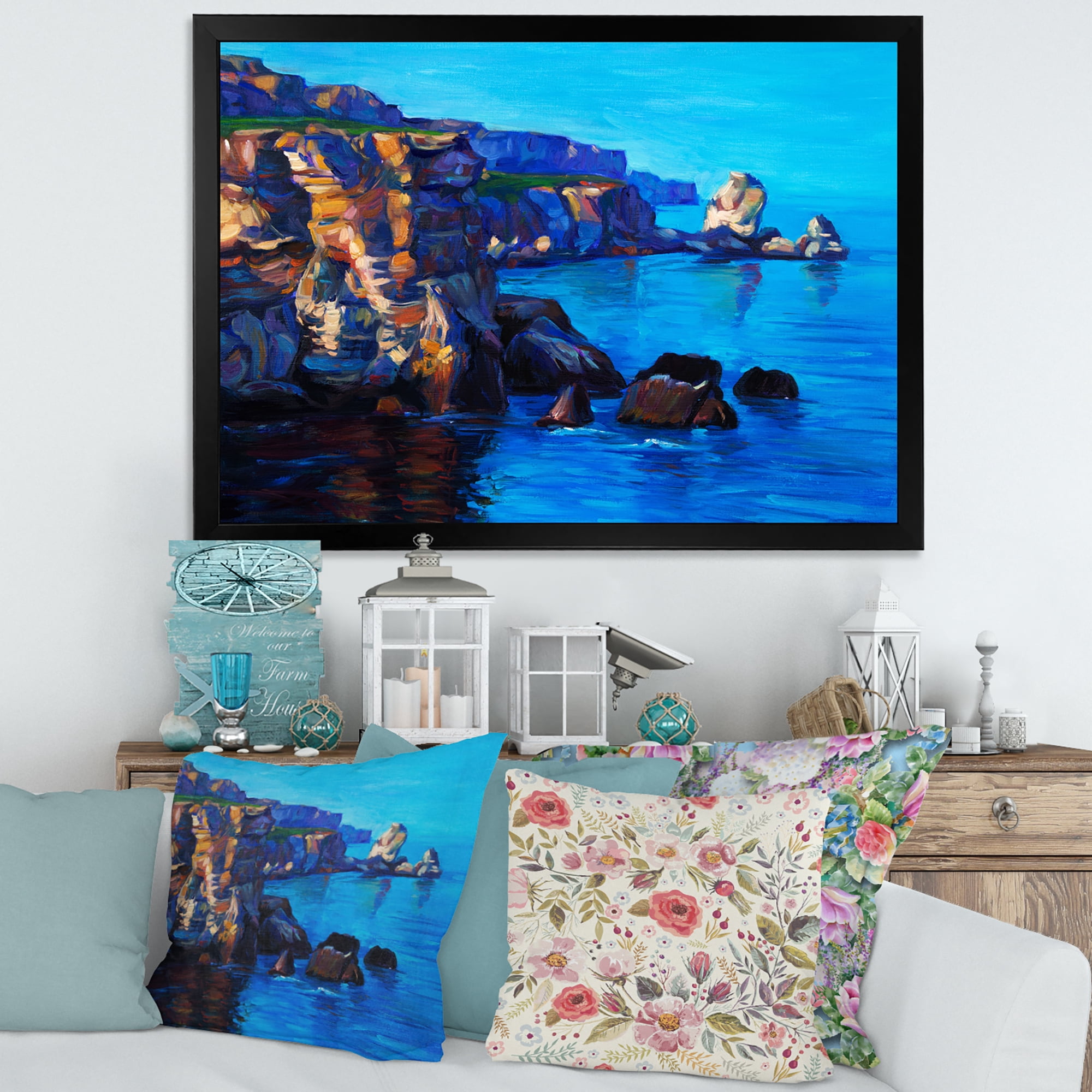 Designart 'The Ocean By Cliffs In The Evening Glow' Nautical & Coastal Framed Art Print