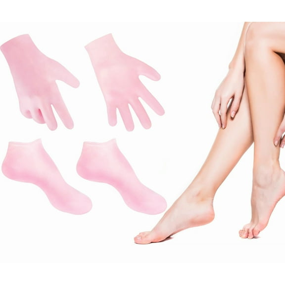 Artrylin 2 Pairs Silicone Moisturizing Gloves Socks Set,Hand Feet Care Set,Spa Gel Socks Gloves for Repairing Dry Cracked Skin,Non-Slip Soft Silicone Socks for Women,Foot Care After Pedicure-Pink