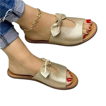 

Women Peep Toe Slippers PU Upper Casual Sandals Low Flat Heel Slide Shoes