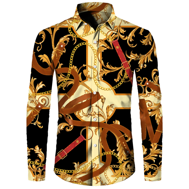 Camisas con estampado 3D de león dorado para hombre, Tops de manga larga con cuello vuelto y botones, ropa de calle de estilo barroco a la moda