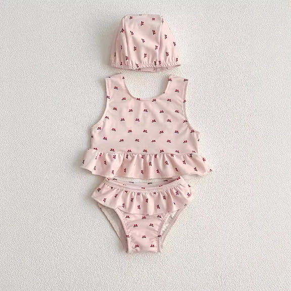 REDARER Baby Girls' 3-Piece Swimsuit Set – Cherry Print, Ruffled Tankini & Swim Cap, Cute Summer Beach Outfit,0-3 Months