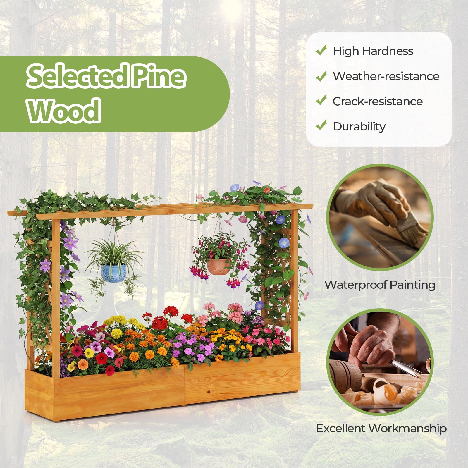 Costway 1 PCS Raised Garden Bed with Trellis Hanging Roof Planter Box Drainage Holes for Patio