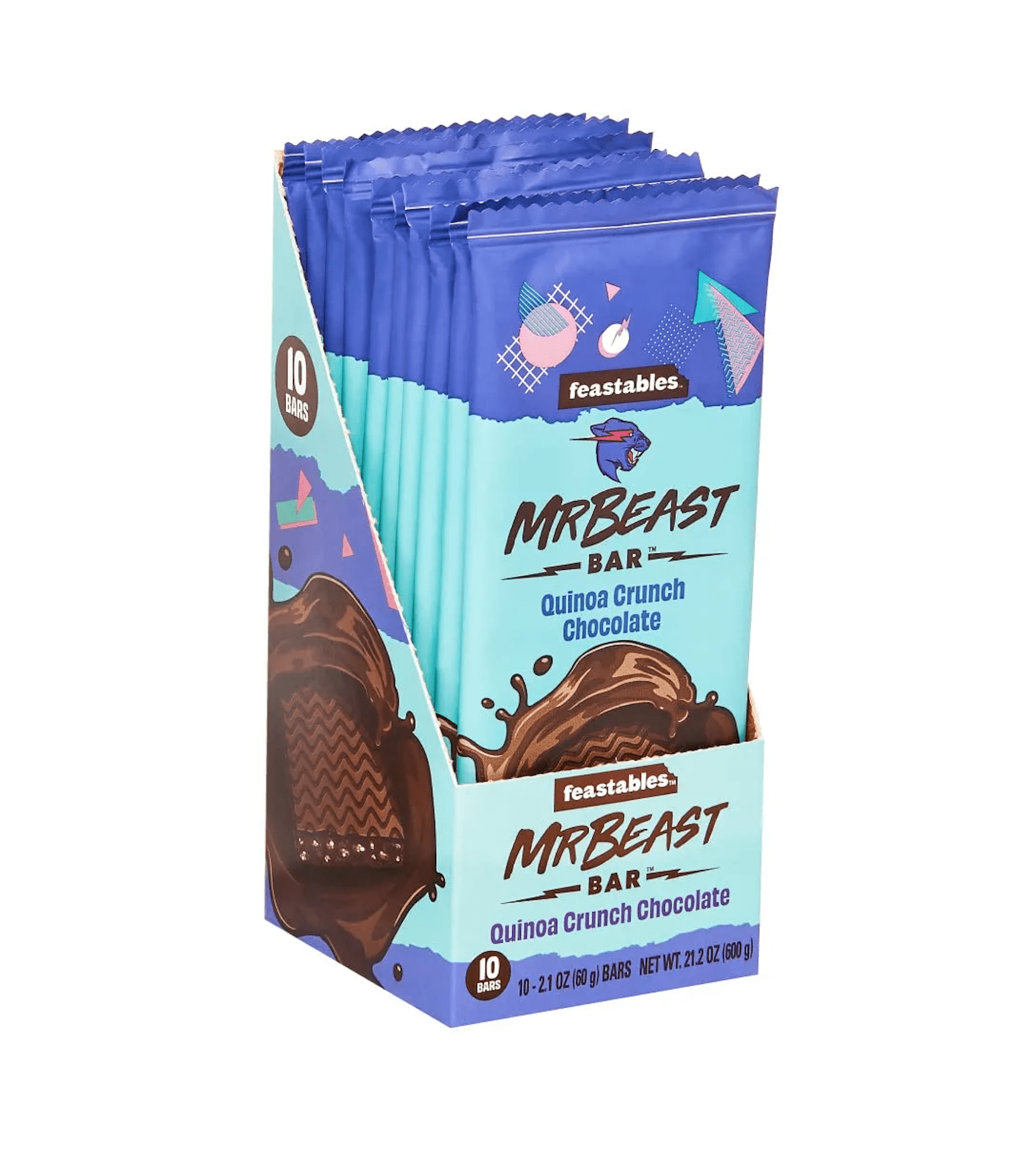 Feastables MrBeast Quinoa Crunch Chocolate Bars, 2.1 oz (60g), 10 Pack