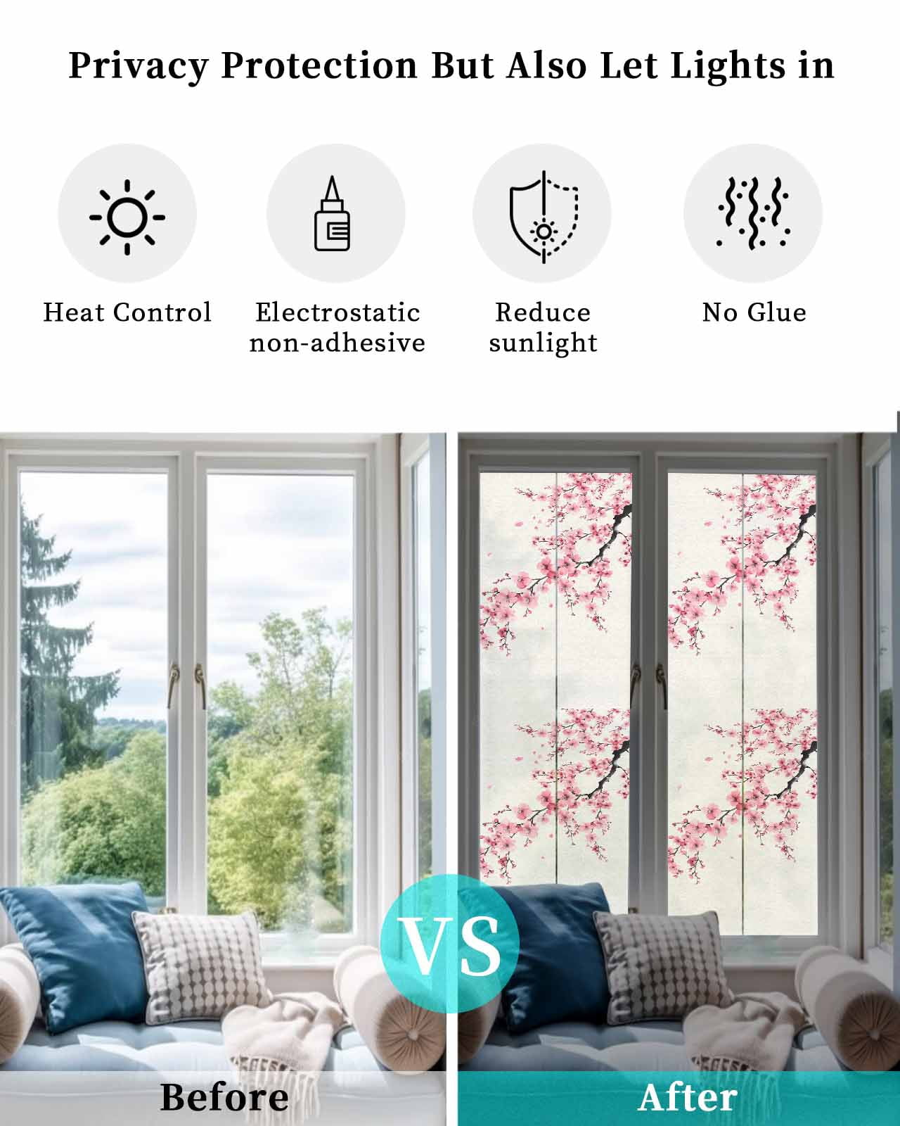 Window Privacy Film Cherry Blossoms Stained Glass Window Film Decorative Sun Block Window Cover Pink Flower Floral Spring Nature Country Window Clings Static Adhesive Sticker for Bathroom 17.7"x78.7"