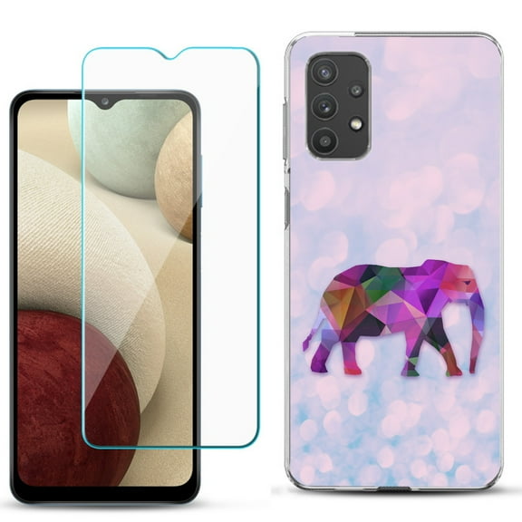 Slim-Fit TPU Phone Case compatible with Samsung Galaxy A32 5G, with Tempered Glass Screen Protector, by OneToughShield ® - Elephant /Polygon